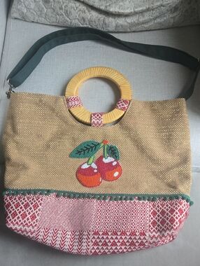 Woven Canvas Tote with Cherry Embroidery in Tan and Red